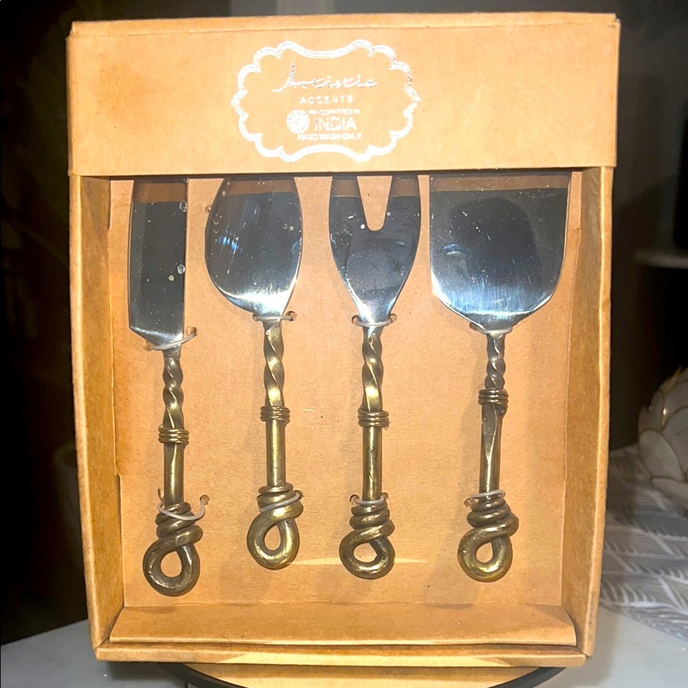 Artistic Handcrafted in India Gold and Silver Cheese Knife Set NEW!